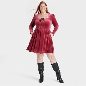Ava & Viv Women's Holiday Long Sleeve Rosette Midi A-Line Dress